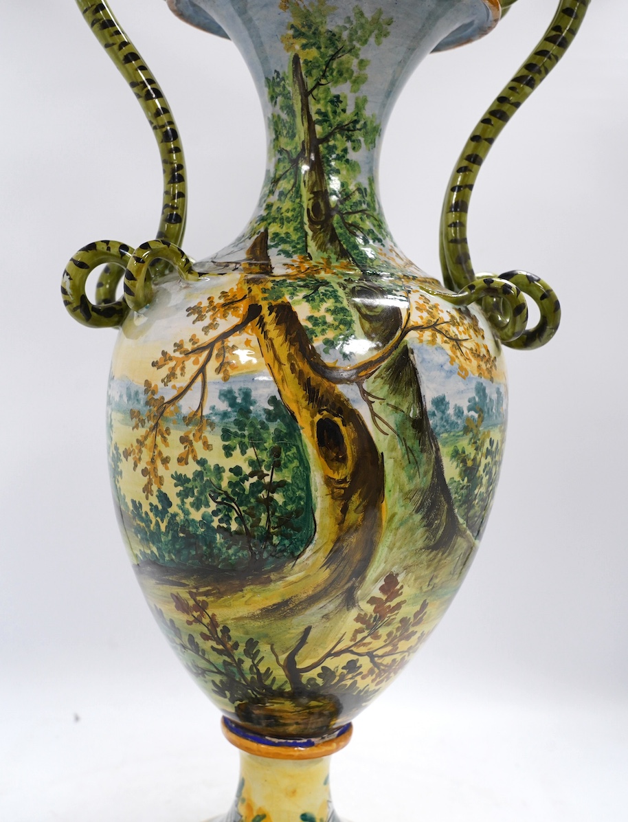 A tall late 19th/early 20th century Italian maiolica vase in Cantagalli style, with blue ‘M’ and crown mark, 66cm. Condition - poor